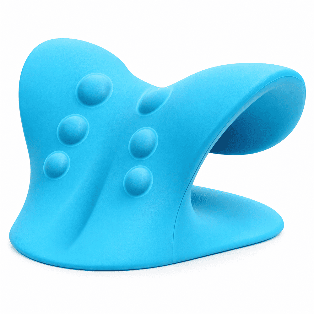 A bright blue ergonomic office chair cushion with a curved backrest, textured surface, and raised circular bumps, shown on a plain white background.