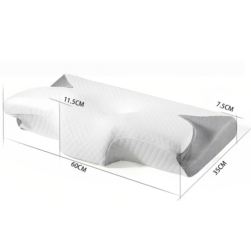 Cervical pillow with dimensions labeled on a white background