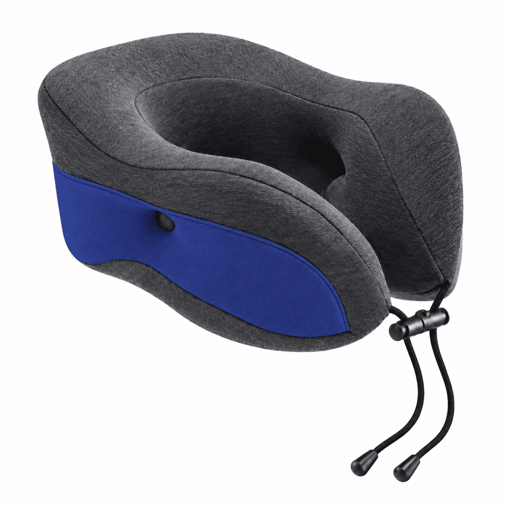 A travel neck pillow with a dark gray heathered fabric body, a bright blue side panel, and black drawstring cords, shown on a solid white background.