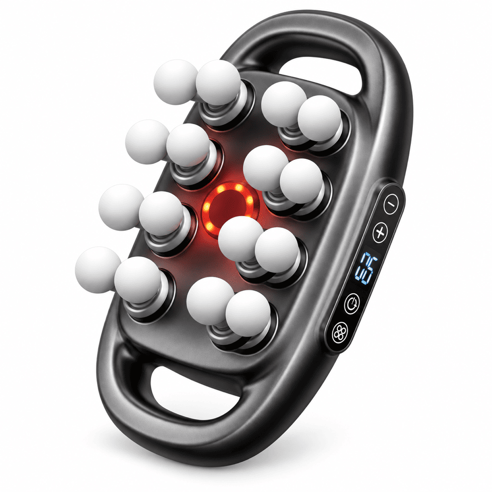 A black handheld electric massage device with multiple white silicone massage nodes and a red LED light ring, featuring a digital display on the side.