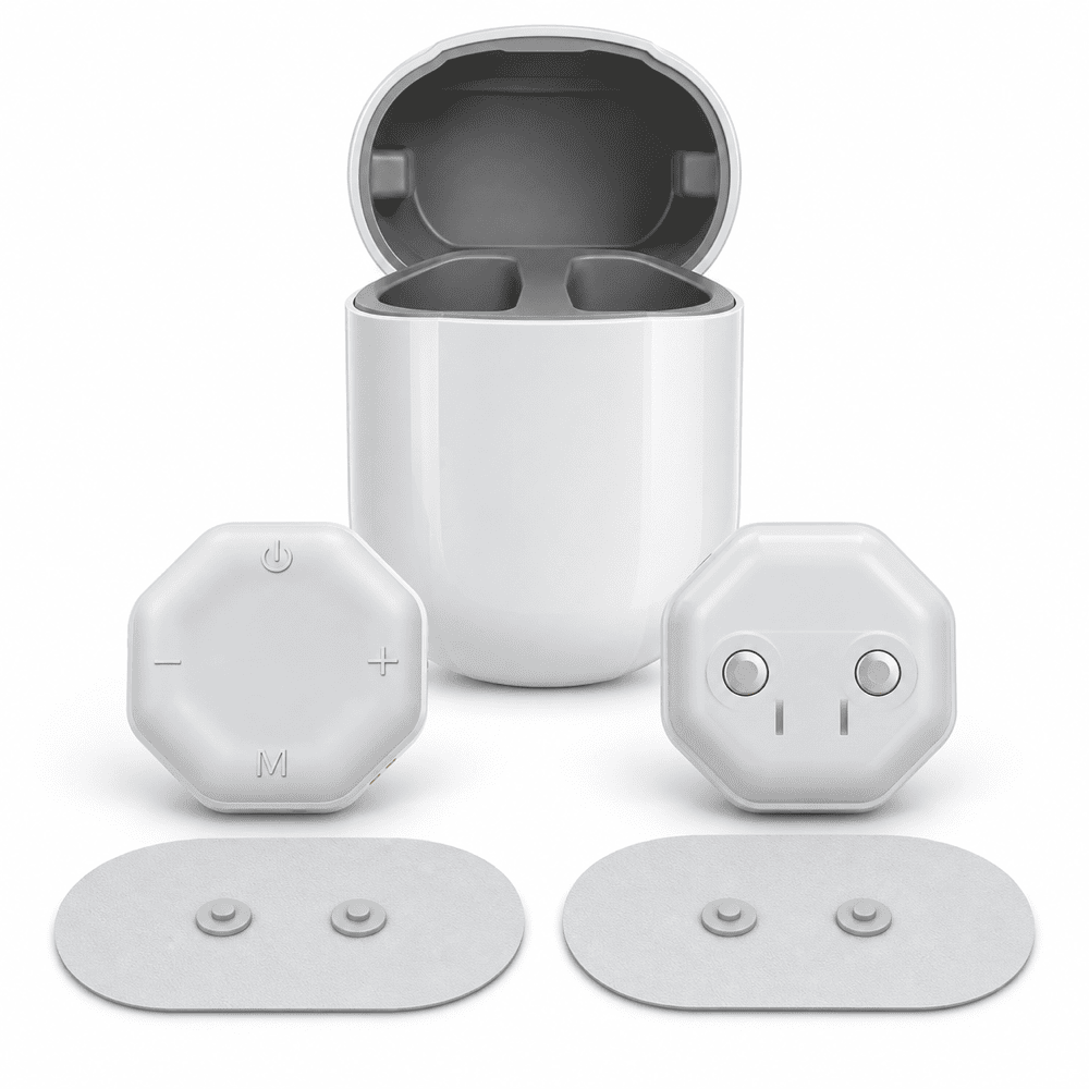 A white electronic device with its open charging case, shown with two small hexagonal control modules and two oval adhesive pads on a clean white background.