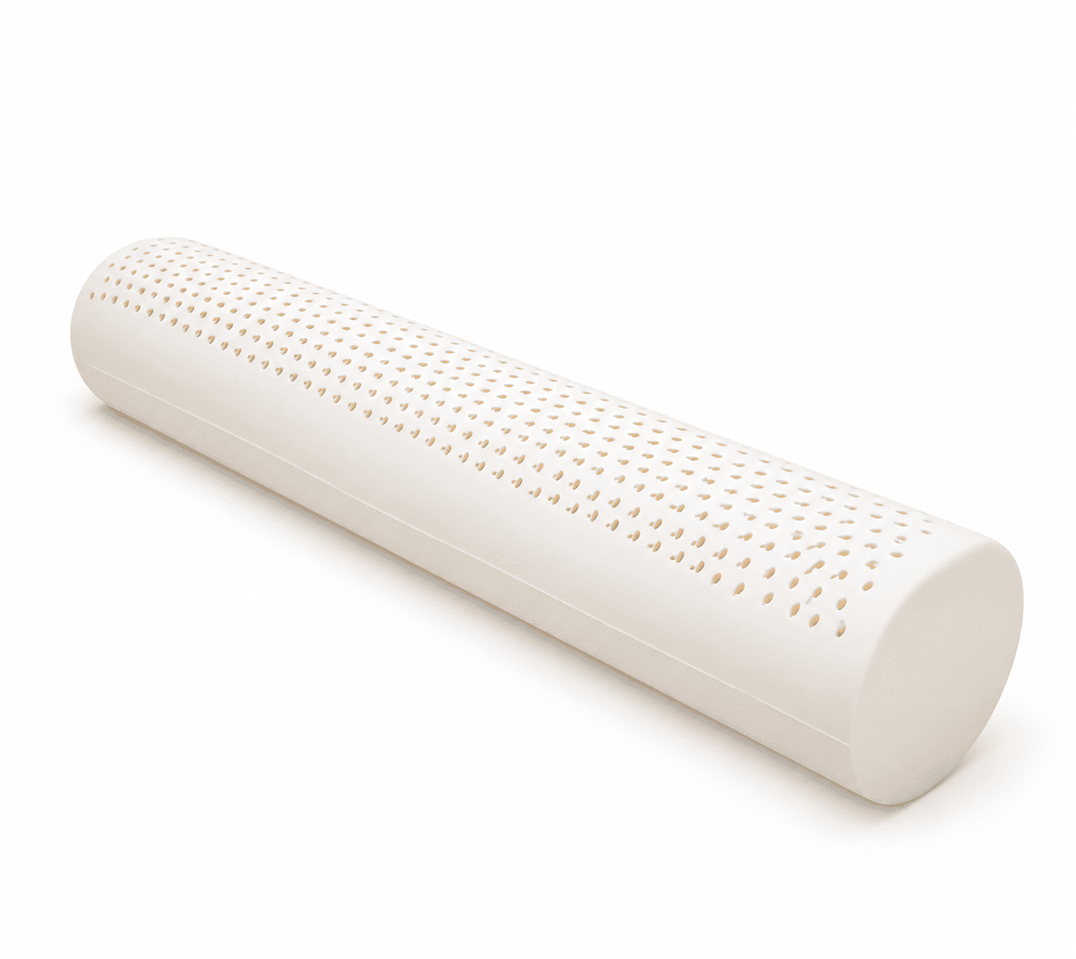 A cylindrical, off-white latex pillow with a perforated surface, shown at an angle on a clean white background.