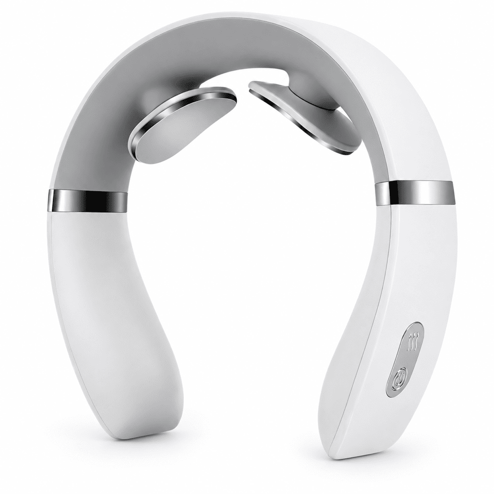 White U-shaped neck massager with silver contact pads and built-in controls on a white background