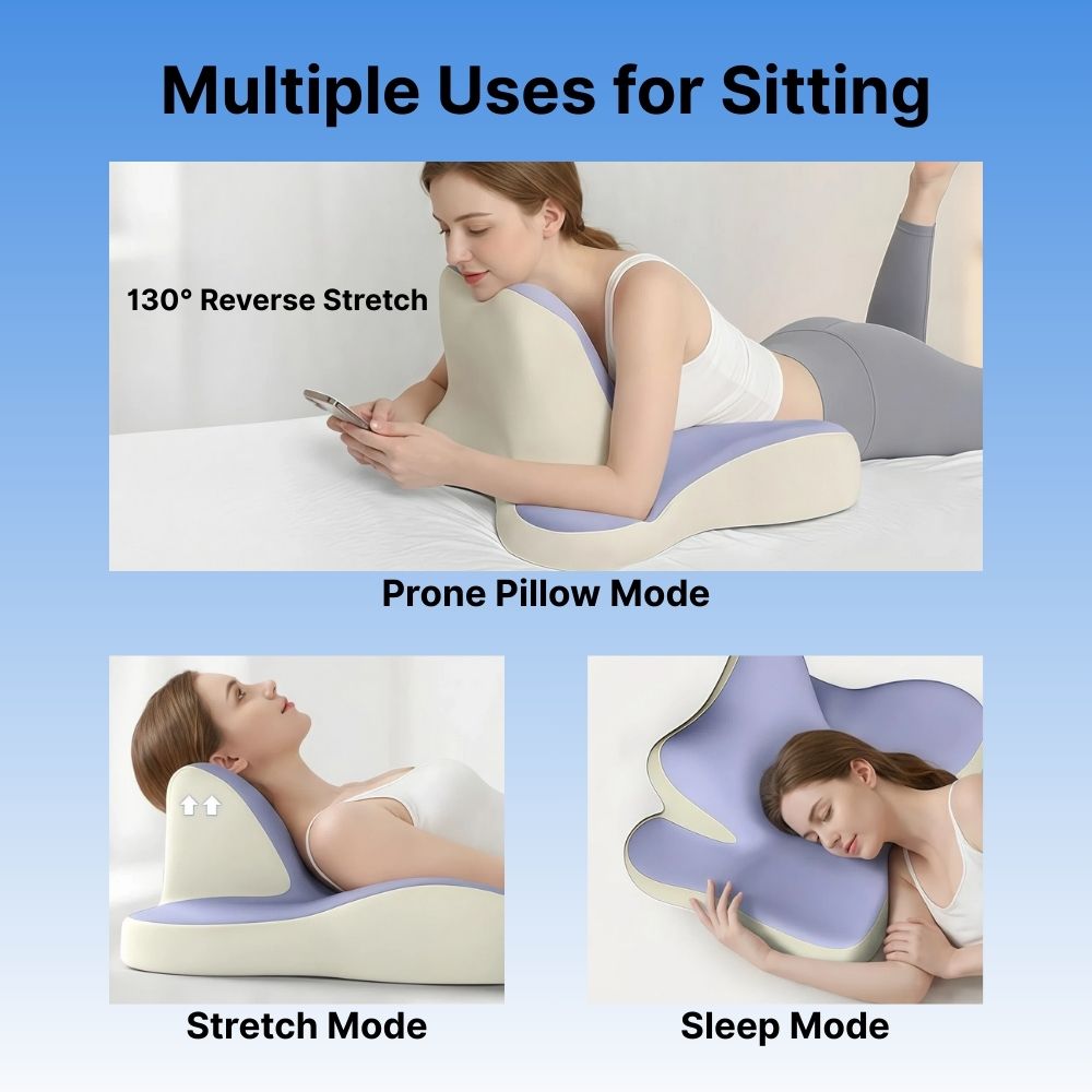 Multifunctional pillow with various modes for sitting and lying down on a blue background