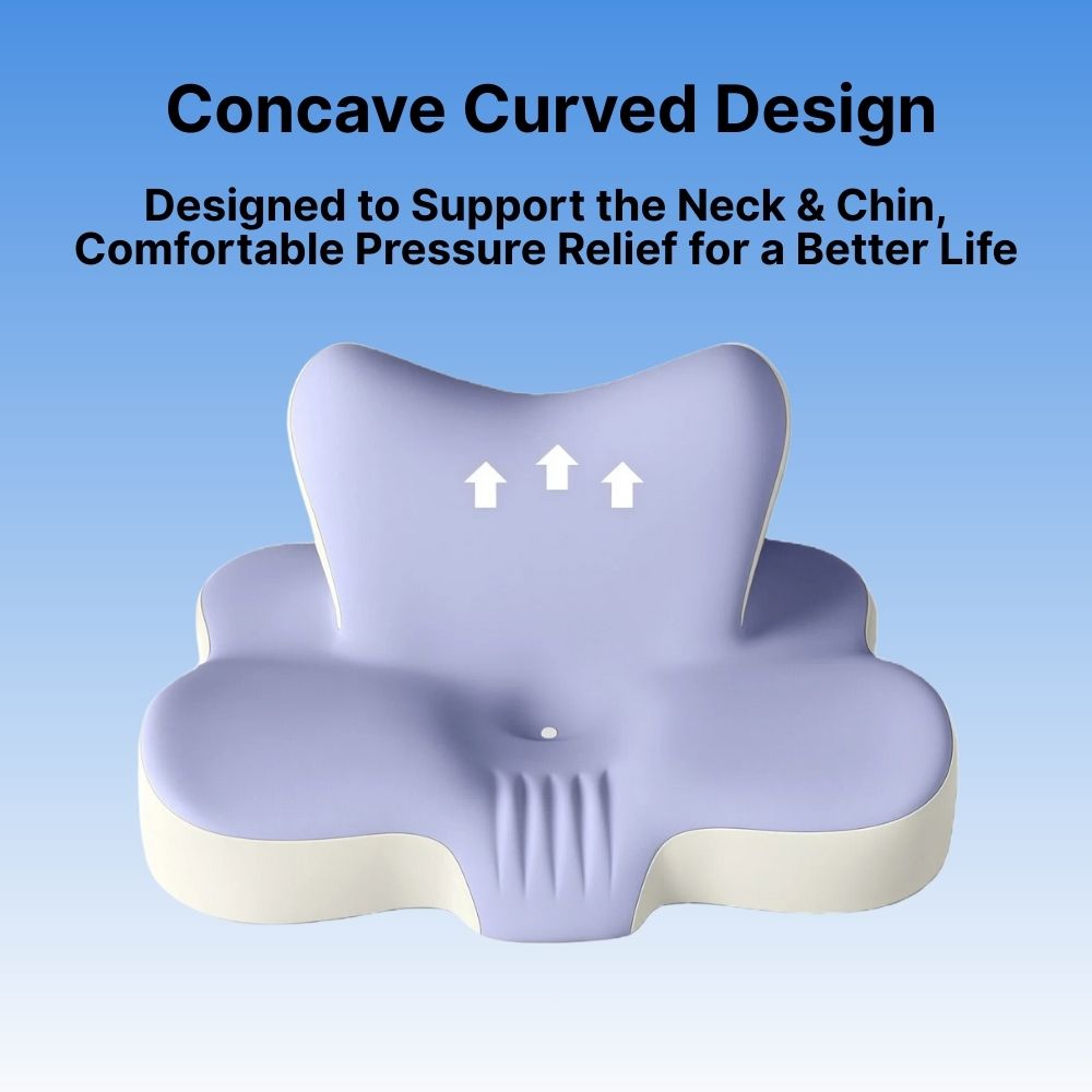 Purple and beige neck and chin pillow with text on a blue background