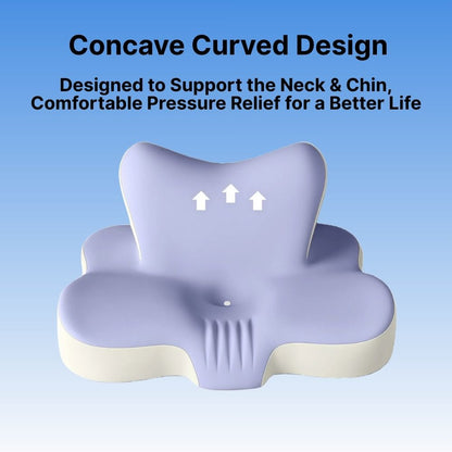 Purple and beige neck and chin pillow with text on a blue background