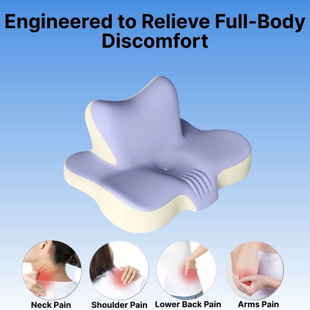 Purple and beige pillow designed to relieve various body pains with text and illustrations on a blue background.