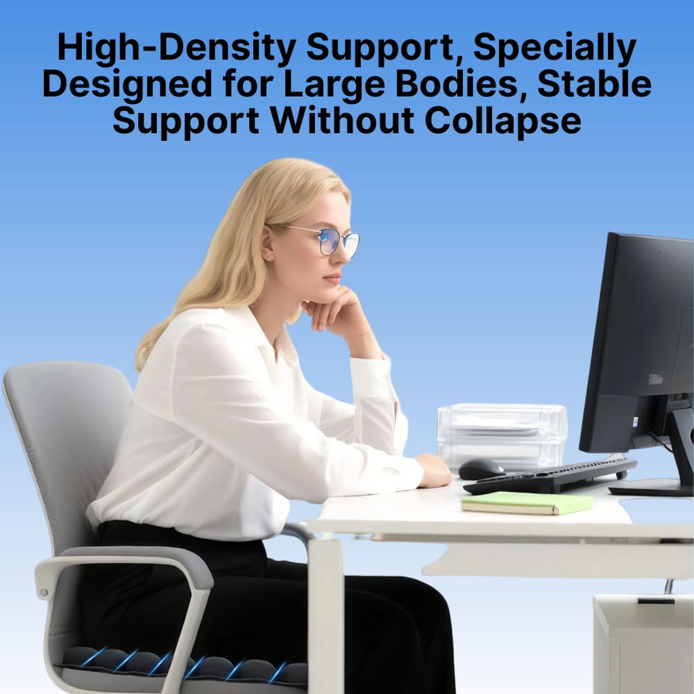 Person sitting at a desk with a high-density office chair, text about support design.