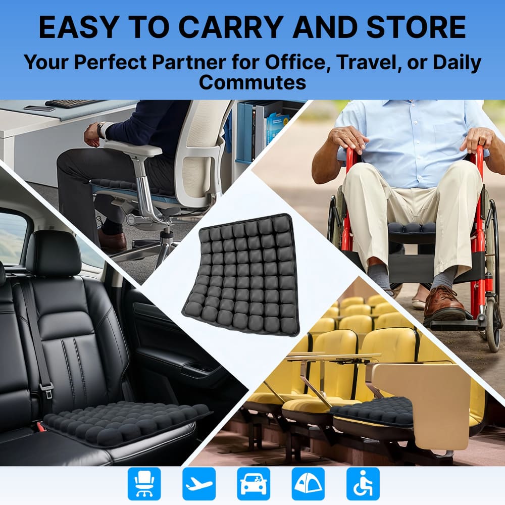 Collage of a black seat cushion used in various settings with text about its portability and versatility.