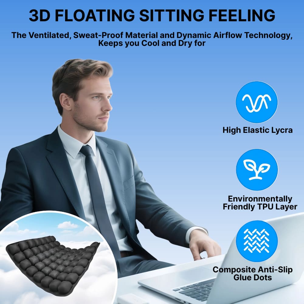 Man in a suit using a laptop with text about product features on a blue background