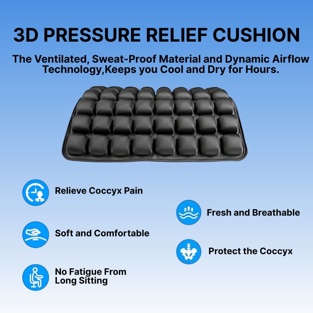 3D pressure relief cushion with features on a blue background