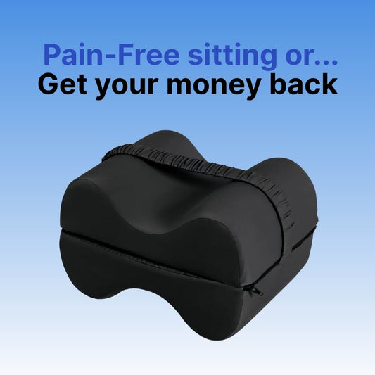 Black ergonomic seat cushion with promotional text on a blue background