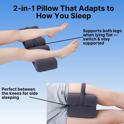 2-in-1 pillow with text explaining its use for different sleeping positions on a blue background.