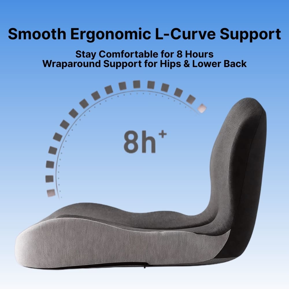 Ergonomic L-Curve support pillow with text on a blue background