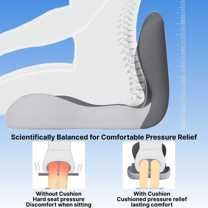 Illustration of a seat cushion with text highlighting comfort and pressure relief.