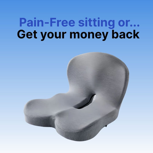 Gray seat cushion with text on a blue background