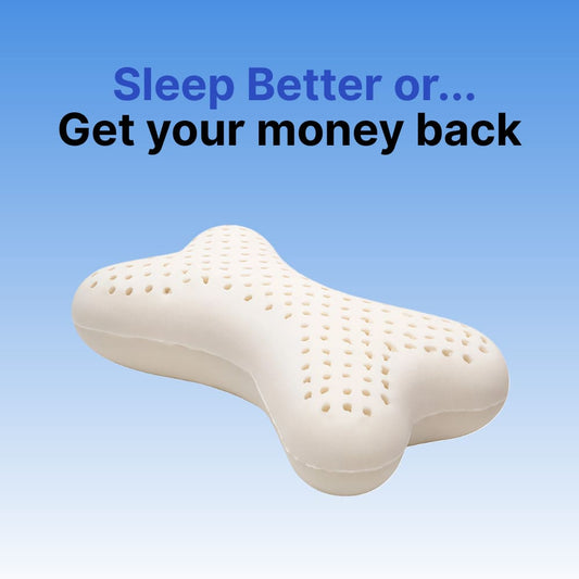 White pillow with text 'Sleep Better or... Get your money back' on a blue background