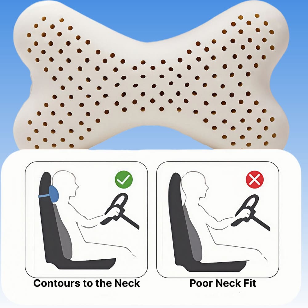 Neck support pillow with illustrations showing correct and incorrect neck positions.