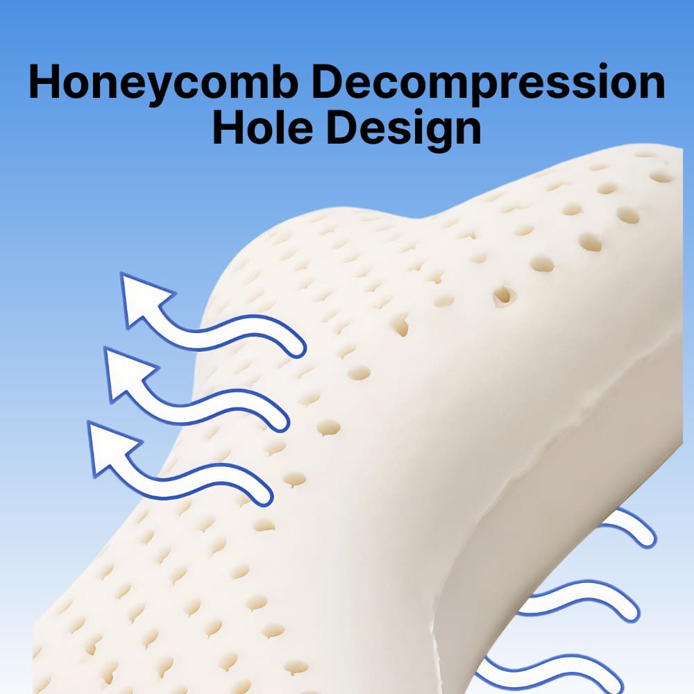 ByeAche bone-shaped latex car headrest pillow with honeycomb decompression holes and airflow arrows