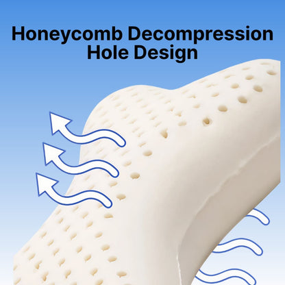 ByeAche bone-shaped latex car headrest pillow with honeycomb decompression holes and airflow arrows