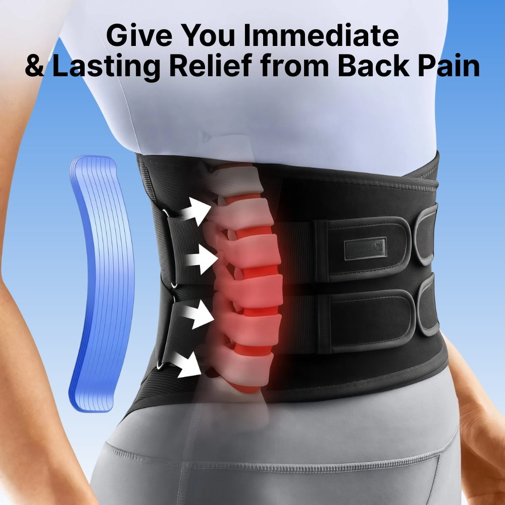 Back brace with highlighted area on a person's back, text about pain relief.