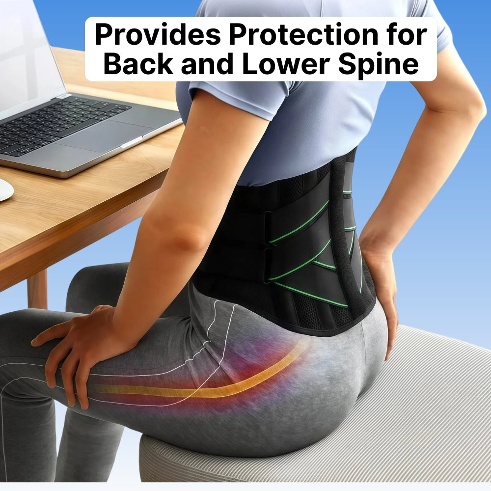 Person wearing a back brace with text 'Provides Protection for Back and Lower Spine' in an office setting.