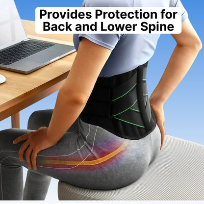 Person wearing a back brace with text 'Provides Protection for Back and Lower Spine' in an office setting.