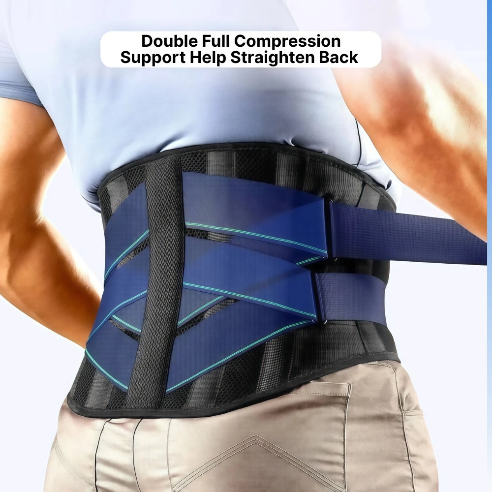 Person wearing a blue and black compression back support belt with text on a white background