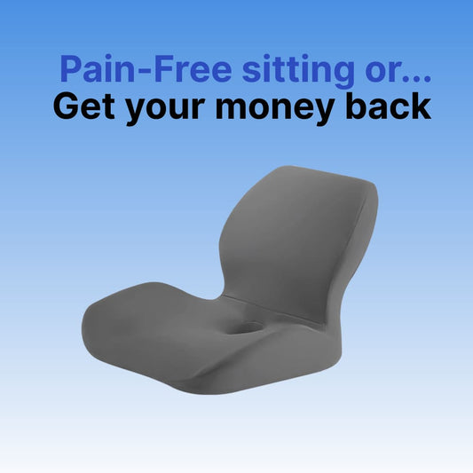 Gray ergonomic chair with a blue gradient background and text about pain-free sitting or money-back guarantee.