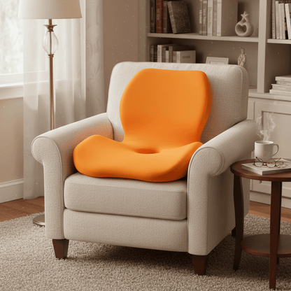 Byeache bright orange memory foam seat cushion on light gray armchair in cozy living room