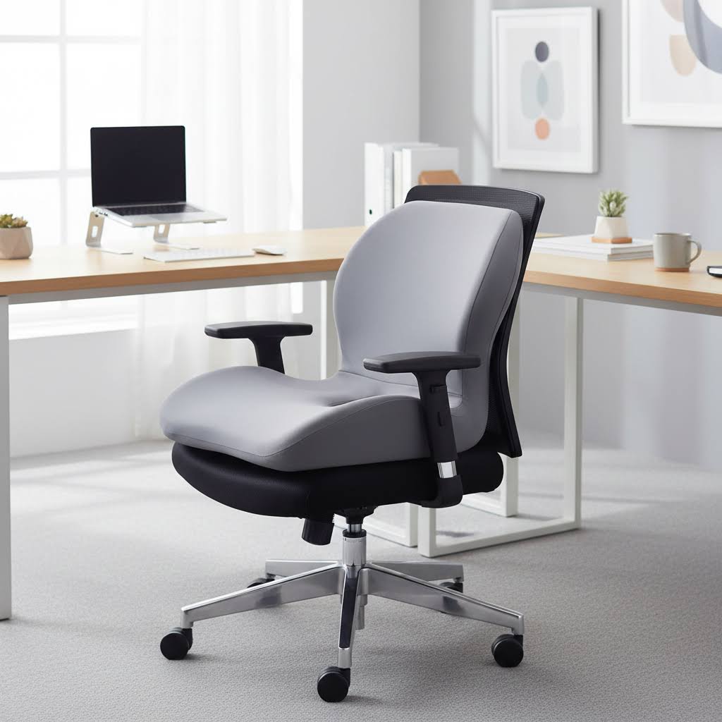 Gray office chair in a modern office setting with a desk and decor.
