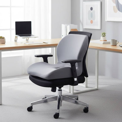 Gray office chair in a modern office setting with a desk and decor.