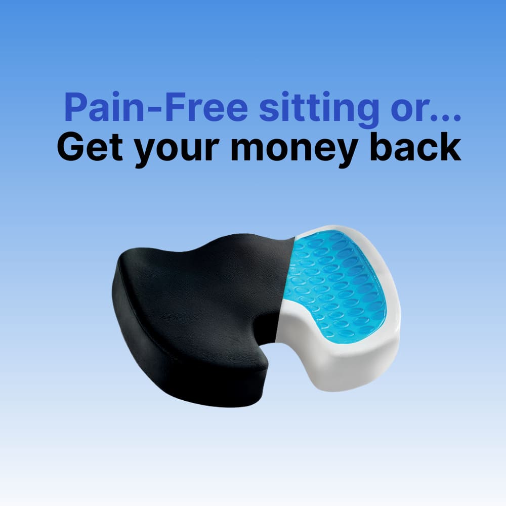 Saddle-shaped cushion with blue gel insert on a light blue background, accompanied by promotional text.