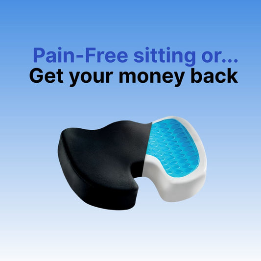 Saddle-shaped cushion with blue gel insert on a light blue background, accompanied by promotional text.
