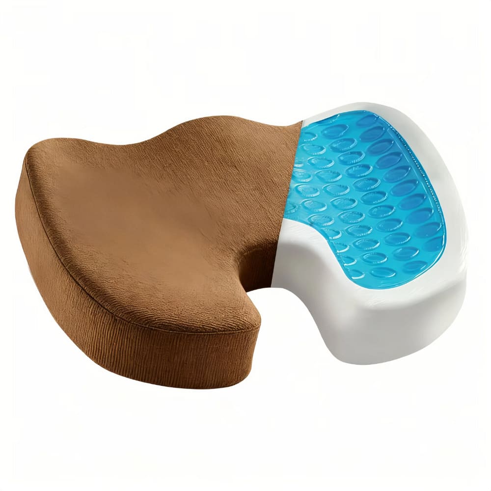 Brown and white seat cushion with a blue gel insert on a white background