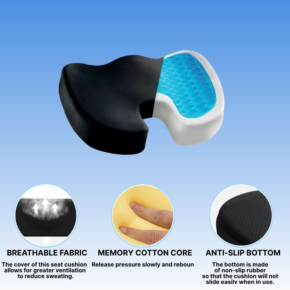 Seat cushion with breathable fabric, memory cotton core, and anti-slip bottom on a blue background.