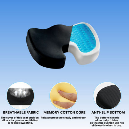 Seat cushion with breathable fabric, memory cotton core, and anti-slip bottom on a blue background.