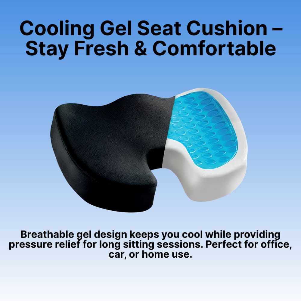 Cooling gel seat cushion with blue gel section on a blue background