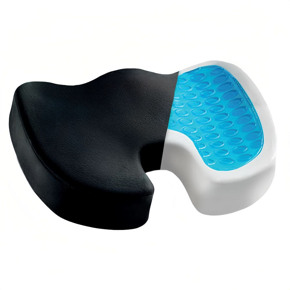 Black and white cushion with blue gel insert on a white background