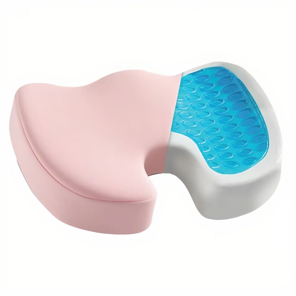 Pink and white gel pillow with blue interior on a white background