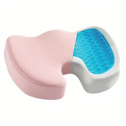 Pink and white gel pillow with blue interior on a white background