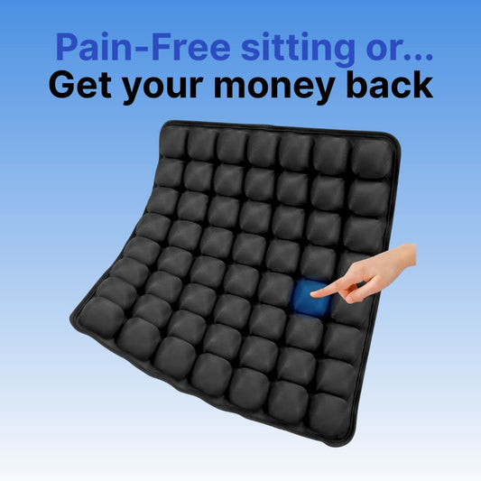 Black cushion with a hand pressing a blue button on a blue background, text about pain-free sitting or getting money back.