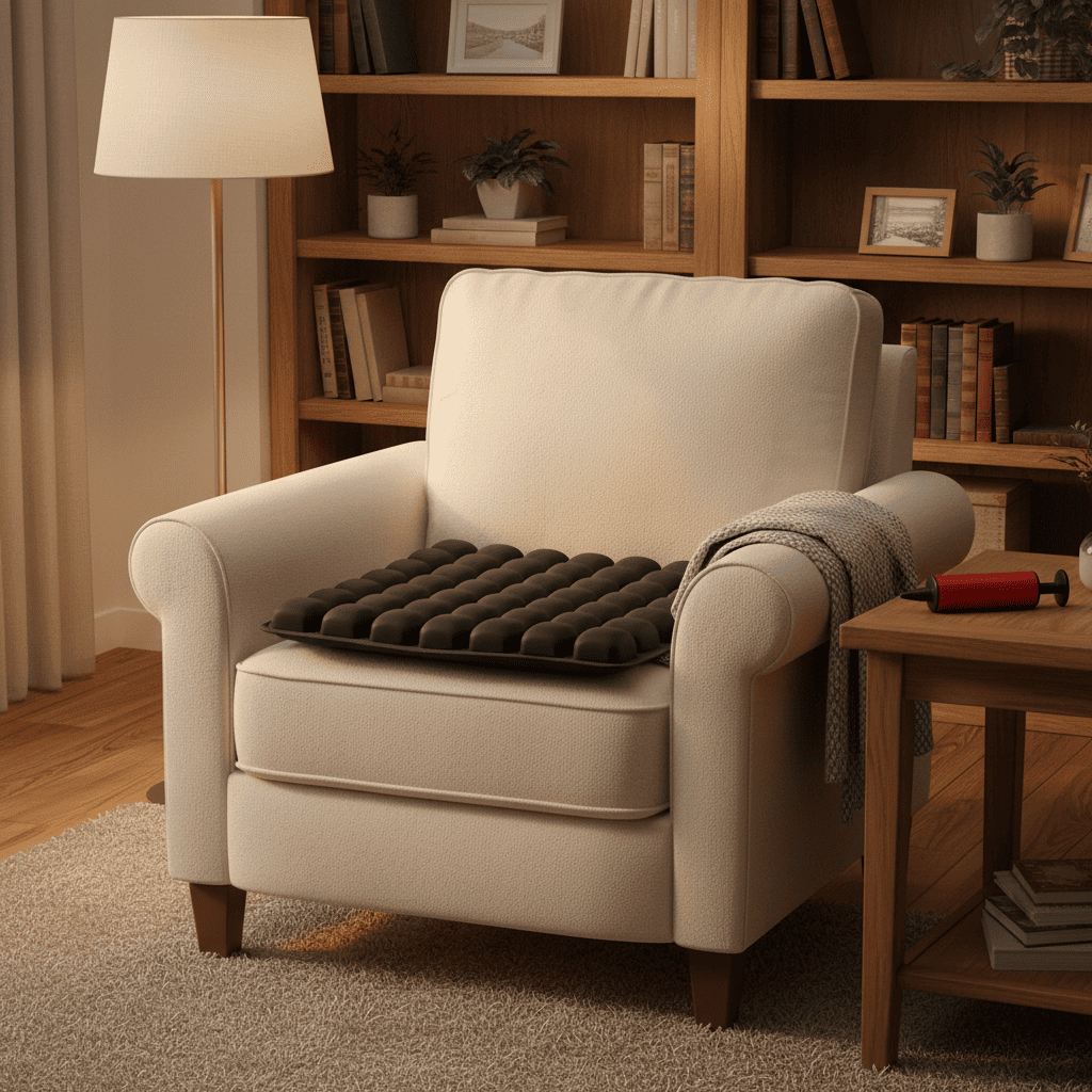 Byeache dark gray 3D inflatable seat cushion on living room armchair with red pump