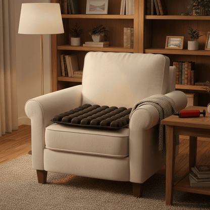 Byeache dark gray 3D inflatable seat cushion on living room armchair with red pump