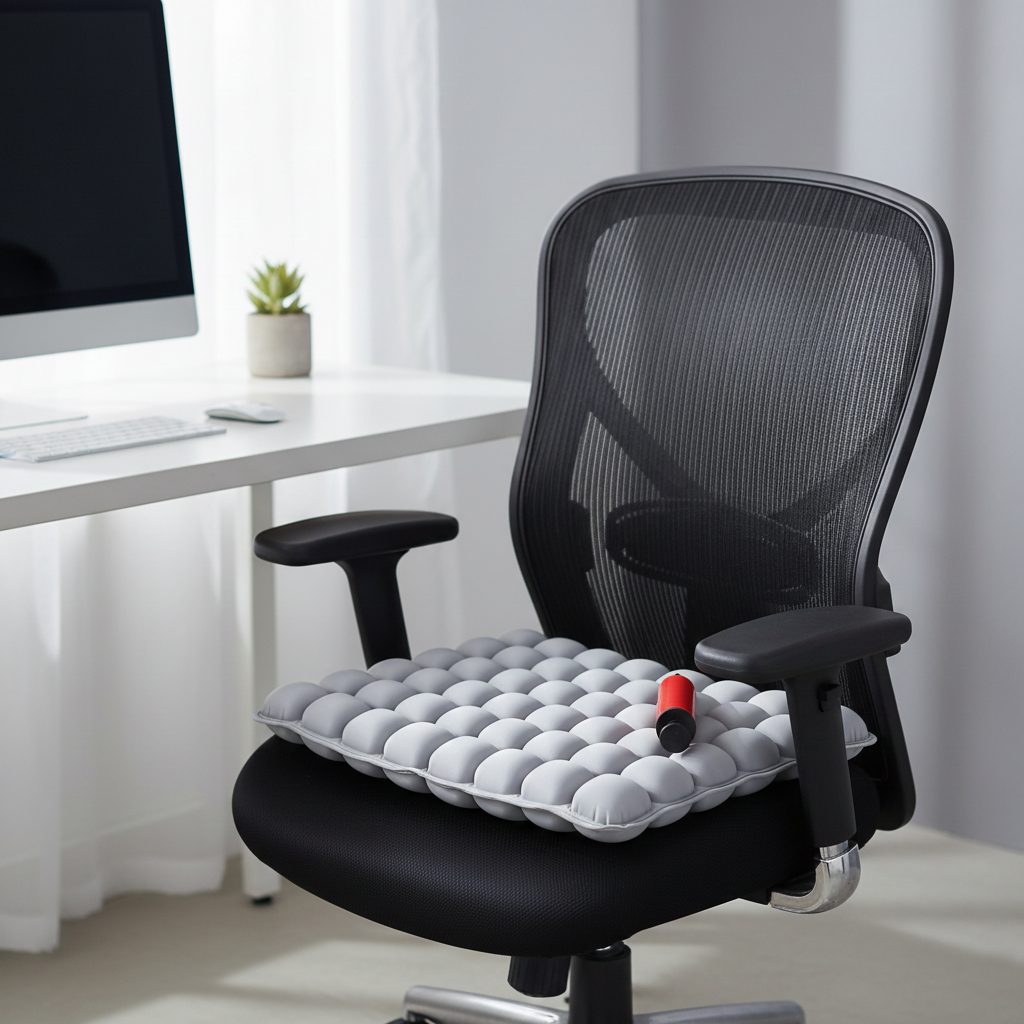 Byeachegray 3D inflatable seat cushion on office chair with red pump
