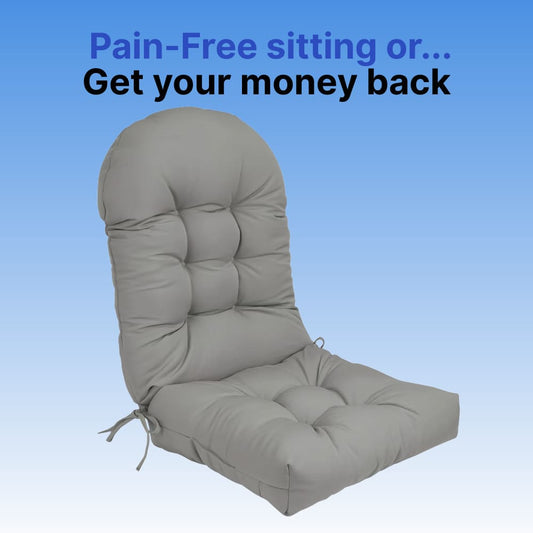 Gray chair cushion with a blue background and text about money refund offer.