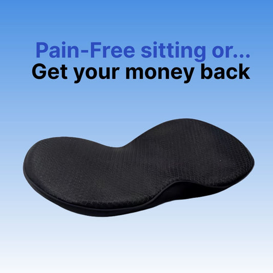 Black ergonomic seat cushion on a blue background with promotional text.