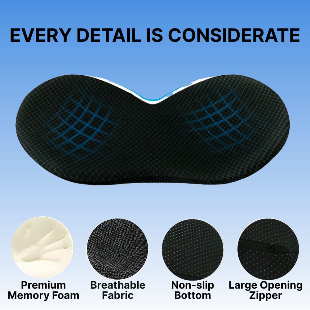 Black cushion insert with text 'Every Detail is Considerate' on a blue background
