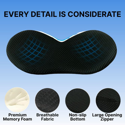 Black cushion insert with text 'Every Detail is Considerate' on a blue background