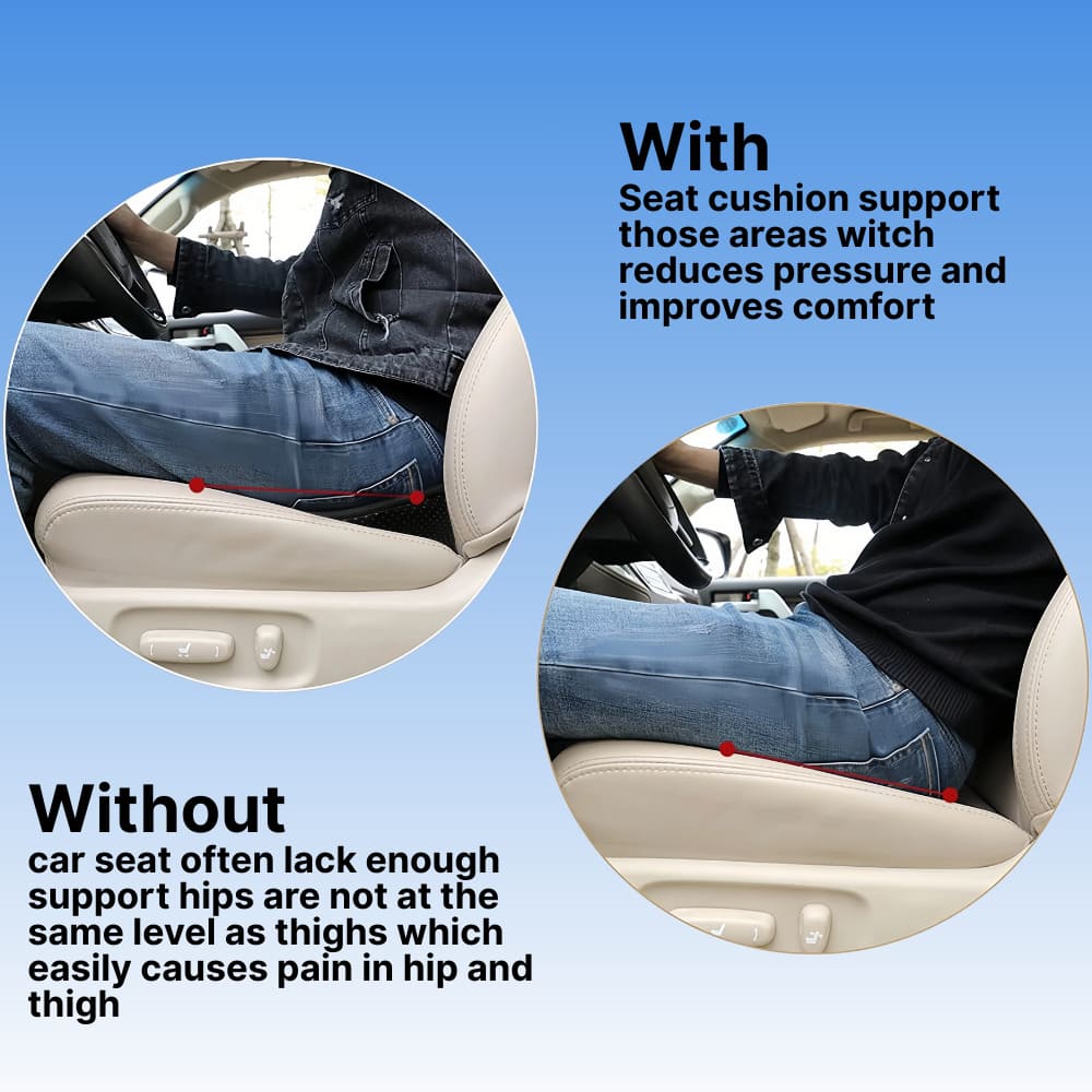 Comparison of car seat cushion support with and without a cushion on a blue background.